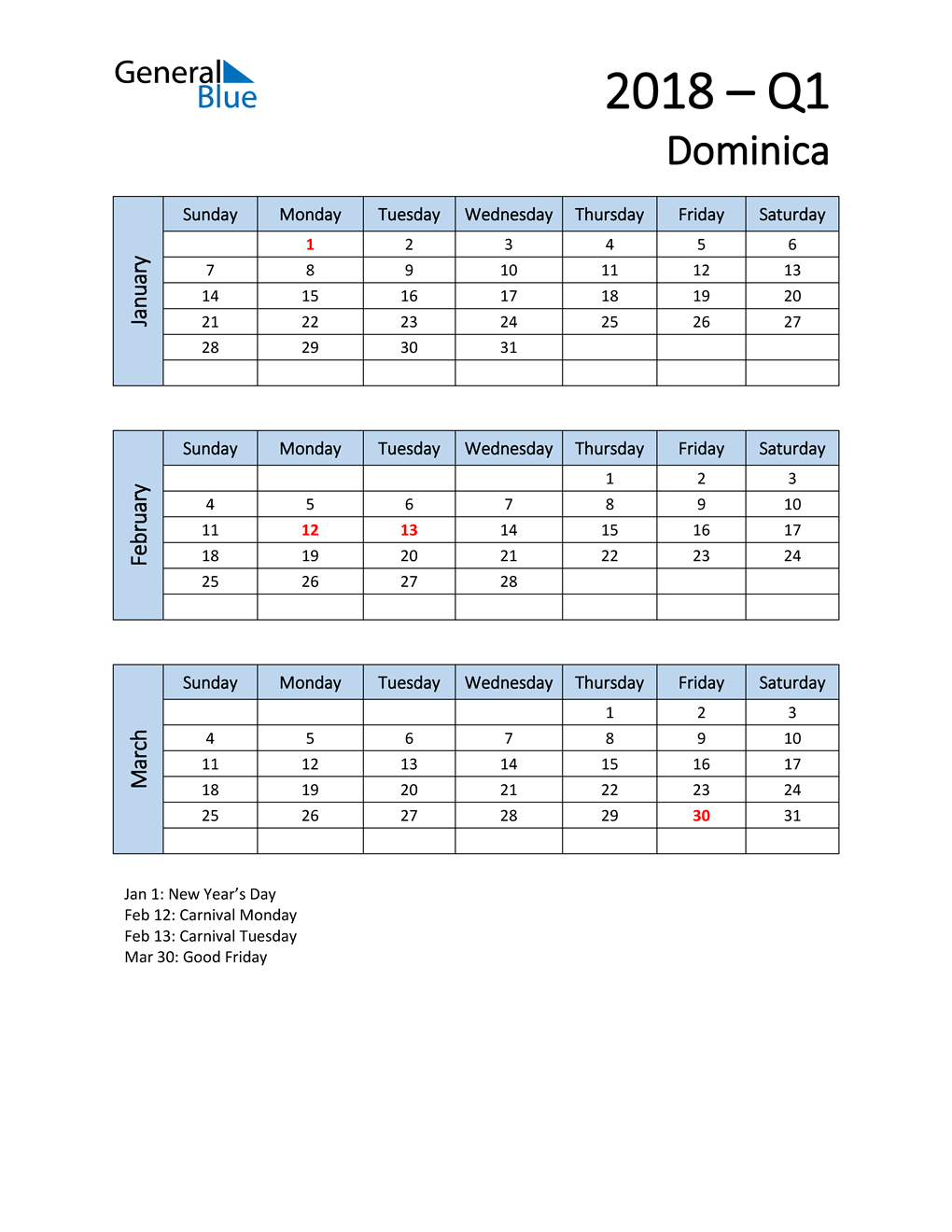  Free Q1 2018 Calendar for Dominica