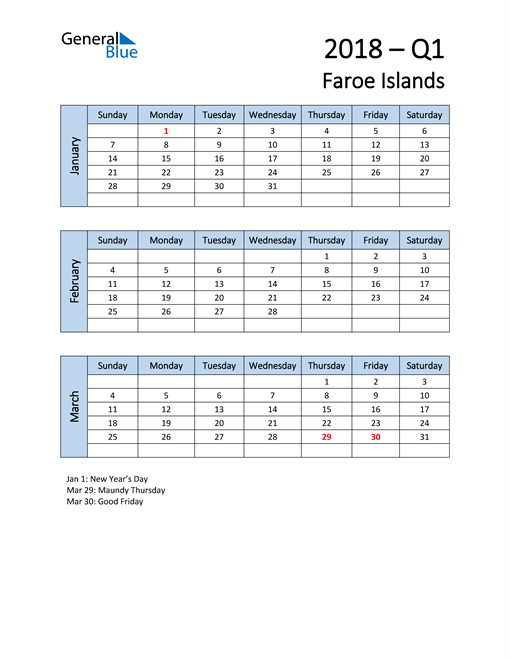  Free Q1 2018 Calendar for Faroe Islands