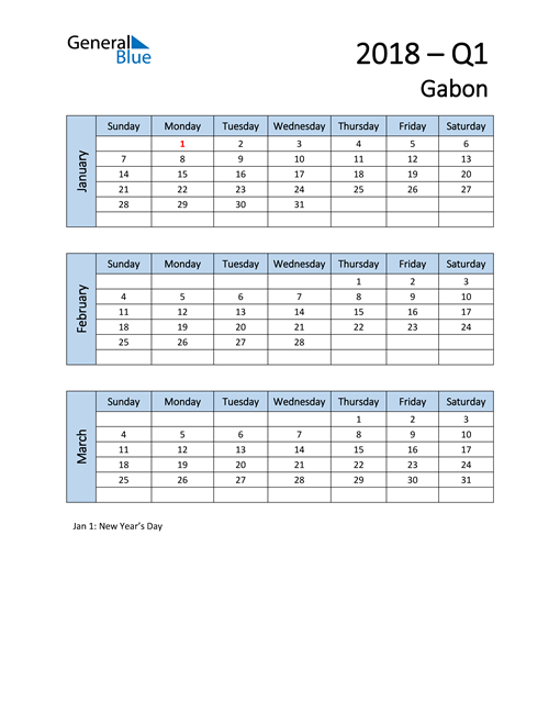  Free Q1 2018 Calendar for Gabon