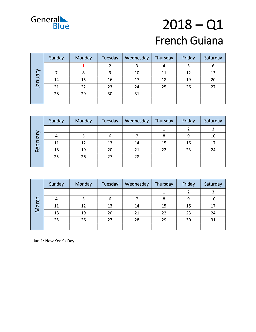  Free Q1 2018 Calendar for French Guiana