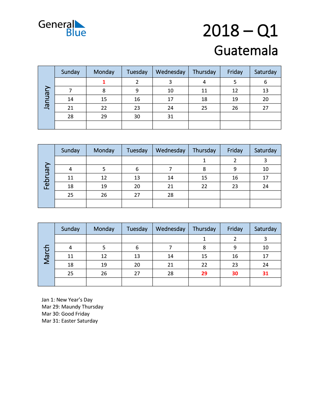  Free Q1 2018 Calendar for Guatemala