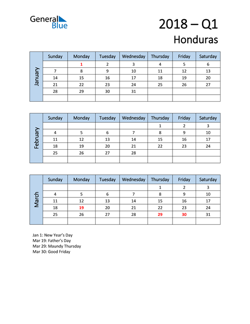  Free Q1 2018 Calendar for Honduras