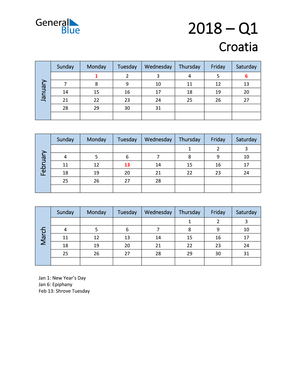  Free Q1 2018 Calendar for Croatia