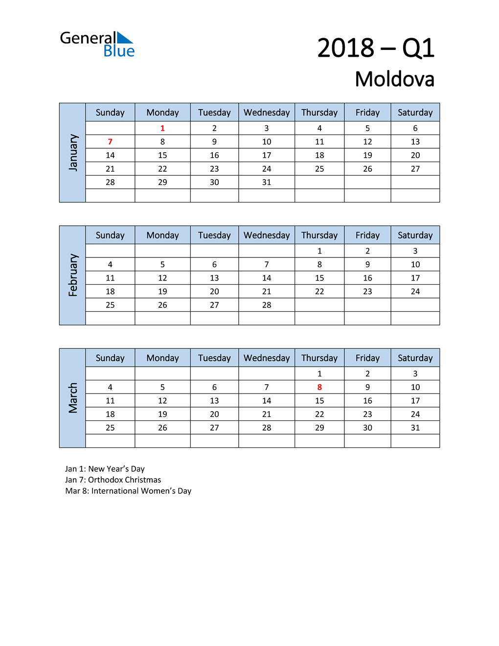  Free Q1 2018 Calendar for Moldova