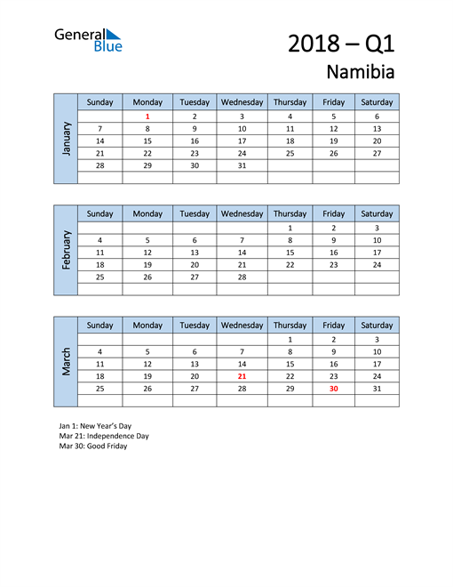  Free Q1 2018 Calendar for Namibia