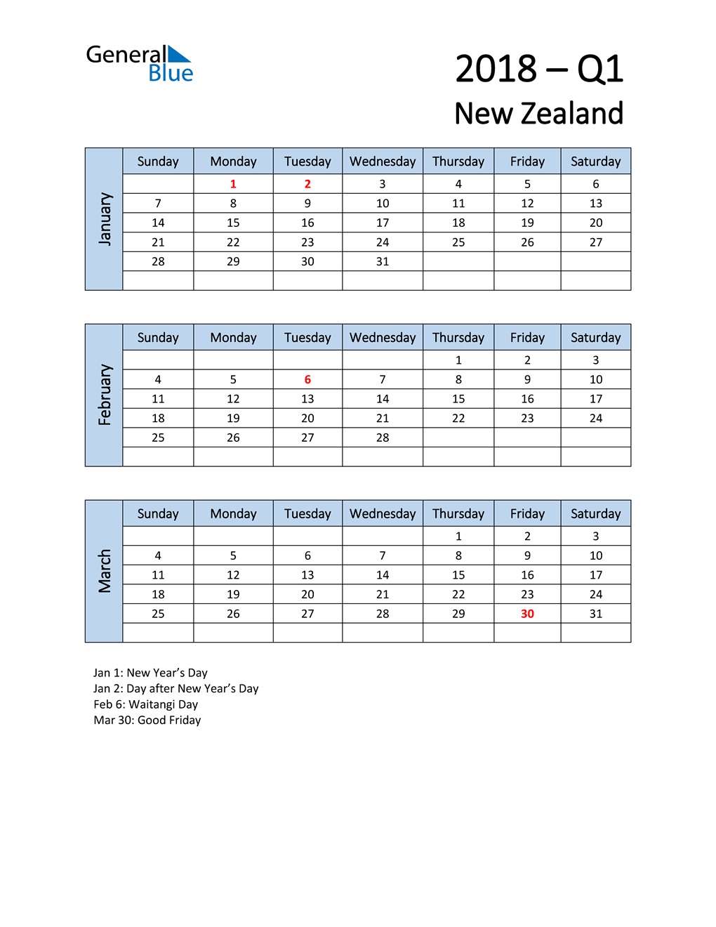  Free Q1 2018 Calendar for New Zealand