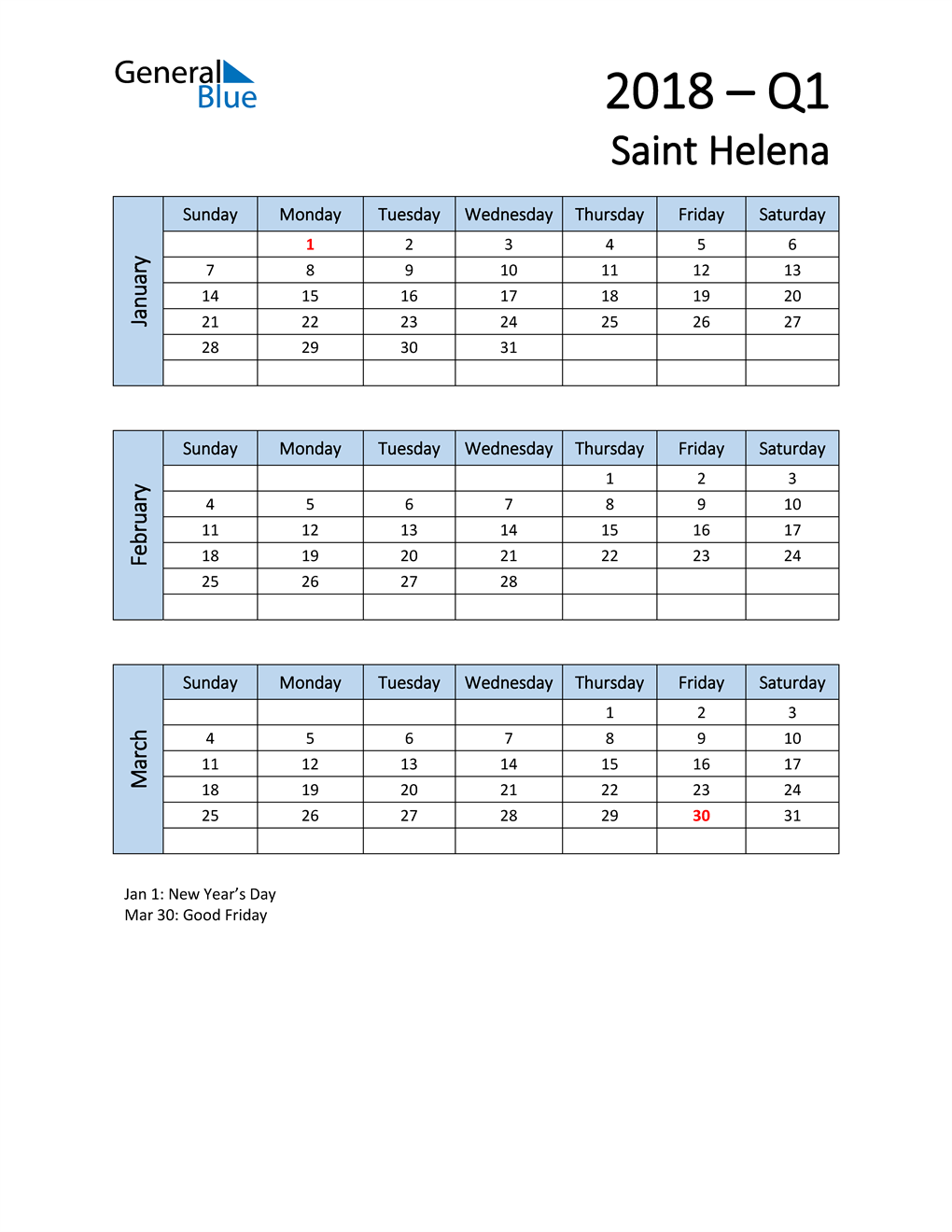  Free Q1 2018 Calendar for Saint Helena