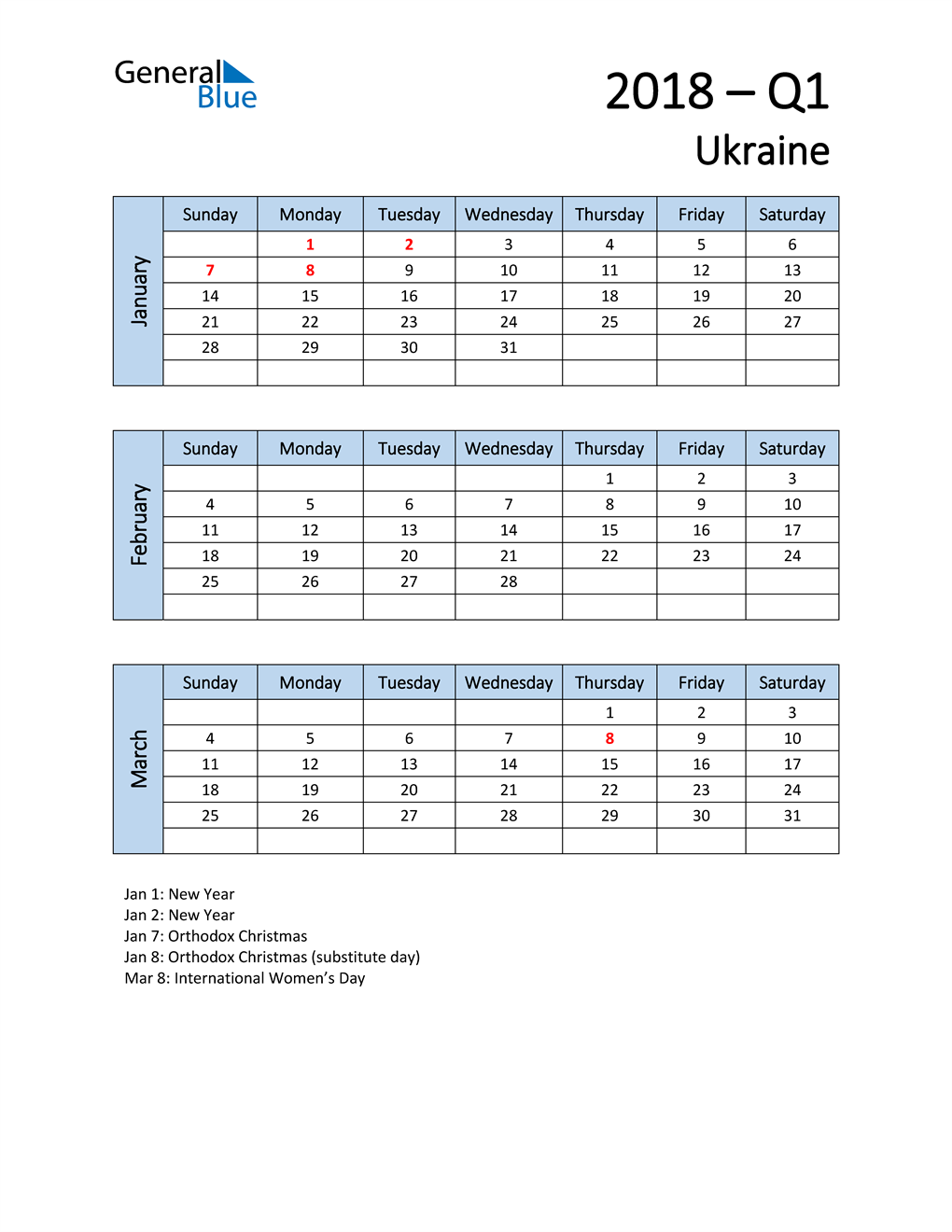  Free Q1 2018 Calendar for Ukraine