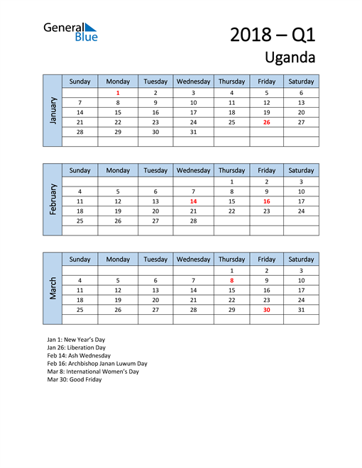  Free Q1 2018 Calendar for Uganda