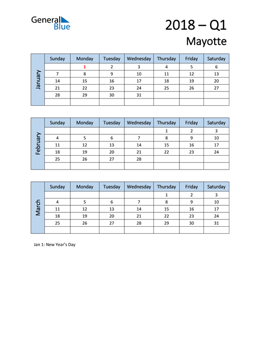  Free Q1 2018 Calendar for Mayotte