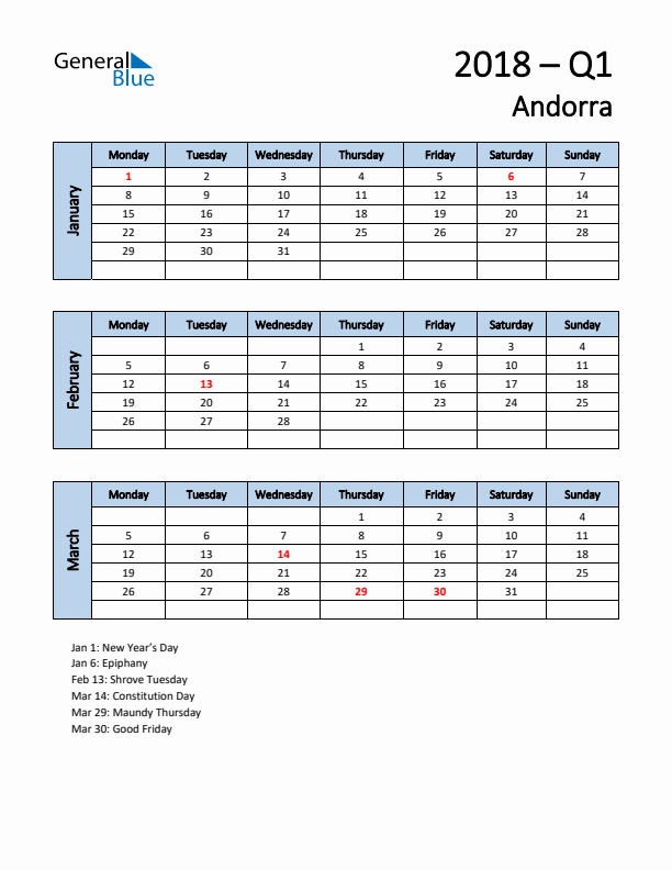 Free Q1 2018 Calendar for Andorra - Monday Start