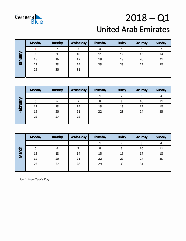 Free Q1 2018 Calendar for United Arab Emirates - Monday Start