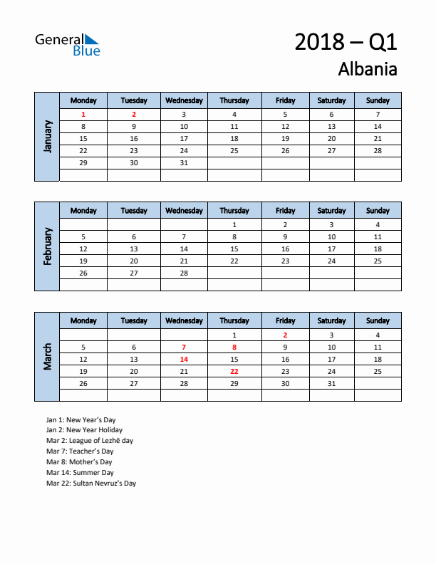 Free Q1 2018 Calendar for Albania - Monday Start