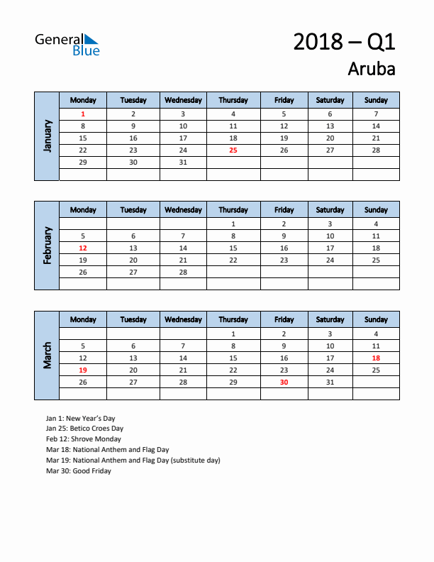 Free Q1 2018 Calendar for Aruba - Monday Start