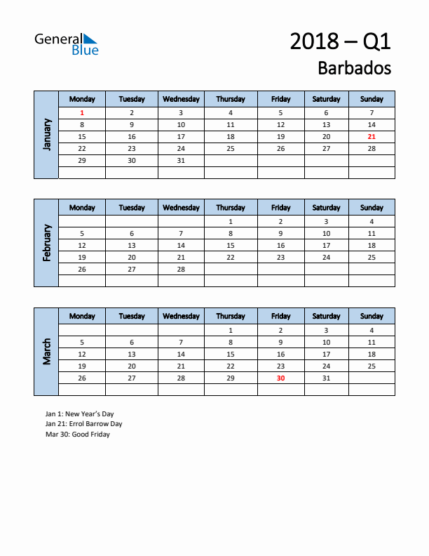 Free Q1 2018 Calendar for Barbados - Monday Start