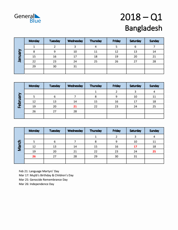 Free Q1 2018 Calendar for Bangladesh - Monday Start