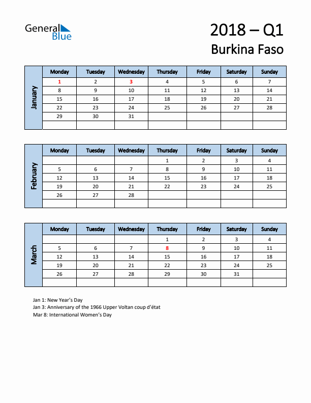 Free Q1 2018 Calendar for Burkina Faso - Monday Start