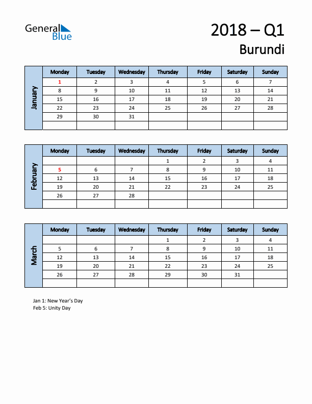 Free Q1 2018 Calendar for Burundi - Monday Start