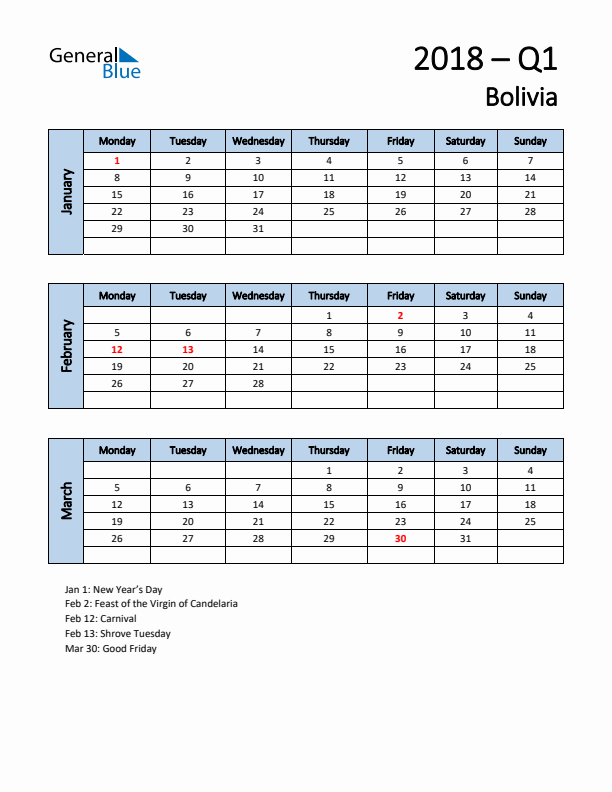 Free Q1 2018 Calendar for Bolivia - Monday Start
