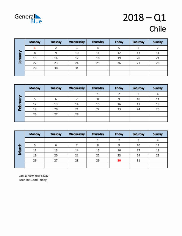 Free Q1 2018 Calendar for Chile - Monday Start