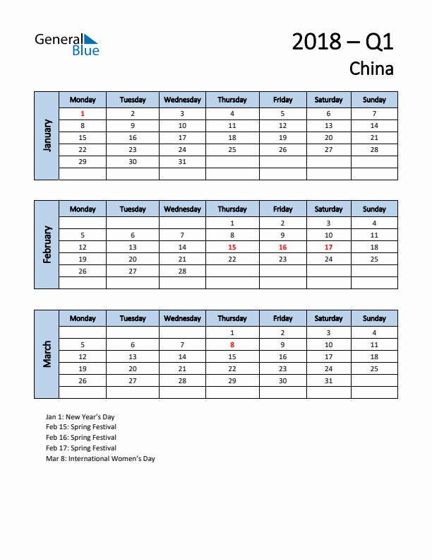Free Q1 2018 Calendar for China - Monday Start