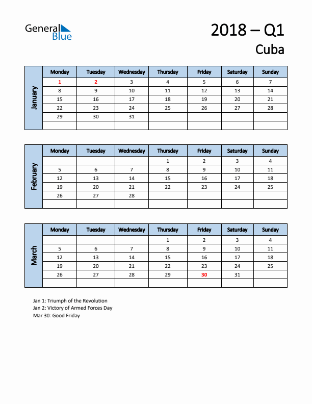 Free Q1 2018 Calendar for Cuba - Monday Start