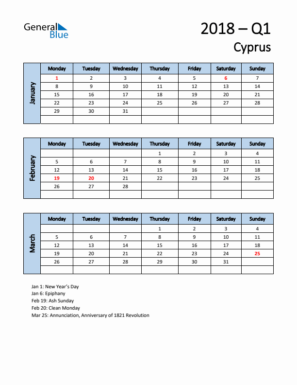 Free Q1 2018 Calendar for Cyprus - Monday Start