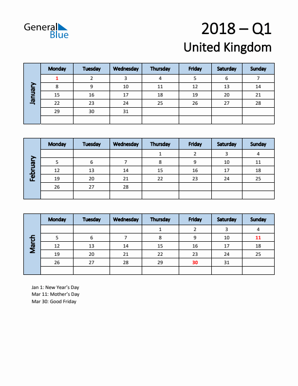 Free Q1 2018 Calendar for United Kingdom - Monday Start