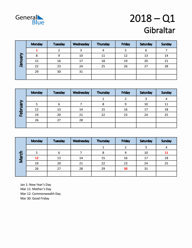 Free Q1 2018 Calendar for Gibraltar - Monday Start