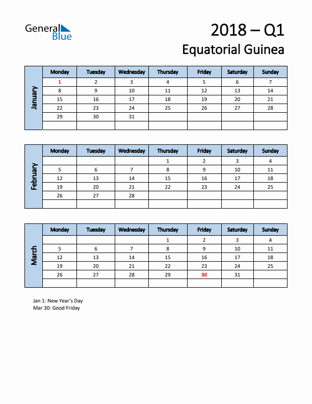 Free Q1 2018 Calendar for Equatorial Guinea - Monday Start