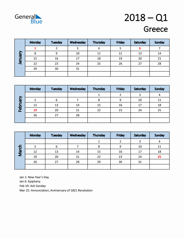 Free Q1 2018 Calendar for Greece - Monday Start