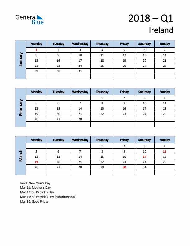 Free Q1 2018 Calendar for Ireland - Monday Start