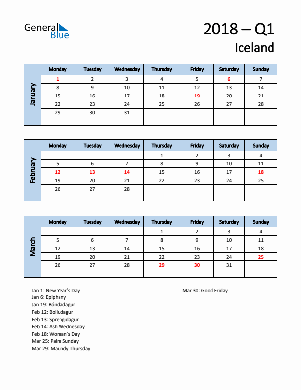 Free Q1 2018 Calendar for Iceland - Monday Start