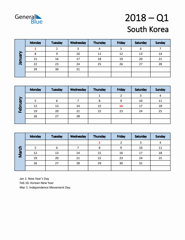 Free Q1 2018 Calendar for South Korea - Monday Start