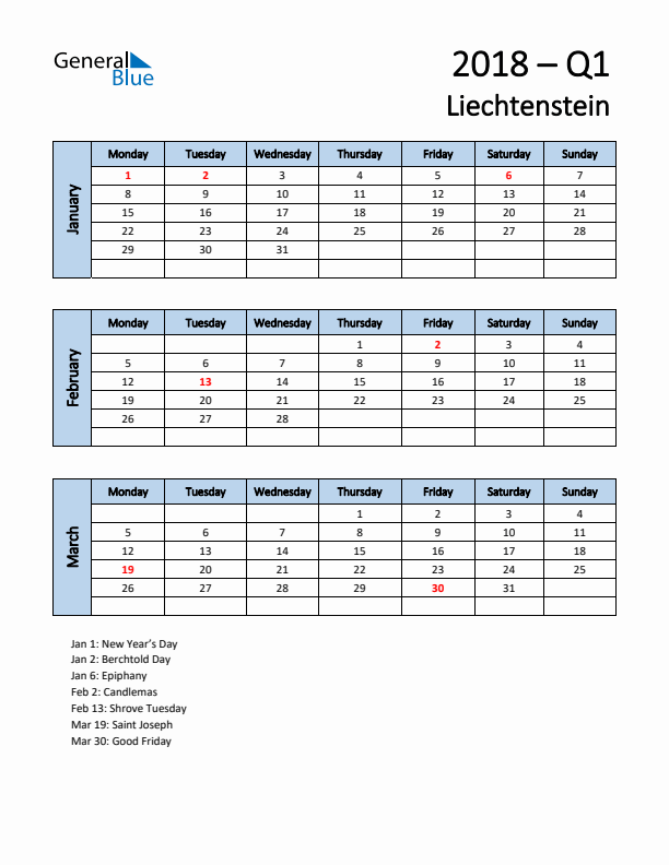 Free Q1 2018 Calendar for Liechtenstein - Monday Start