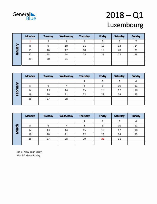 Free Q1 2018 Calendar for Luxembourg - Monday Start