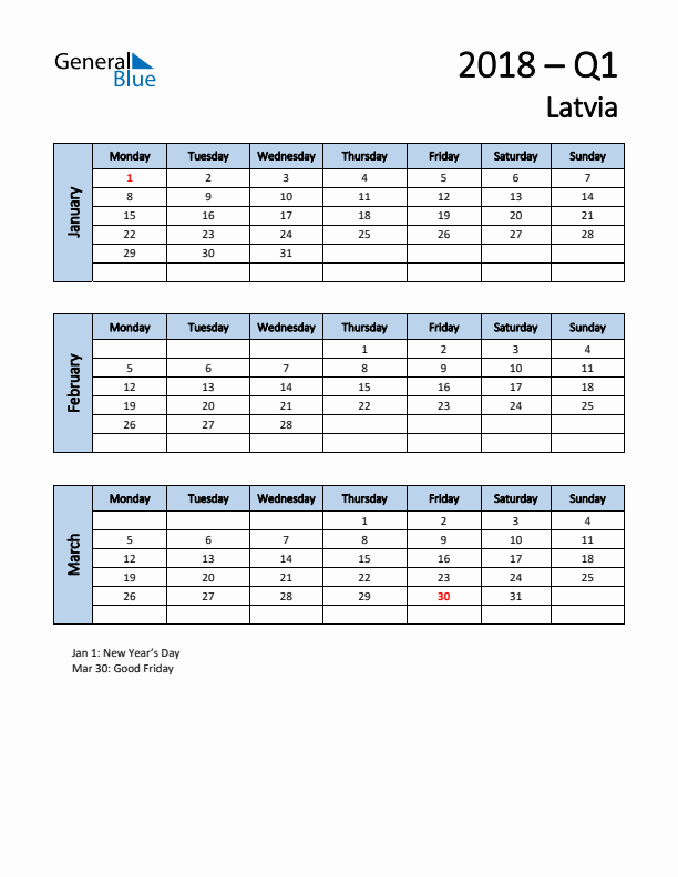 Free Q1 2018 Calendar for Latvia - Monday Start