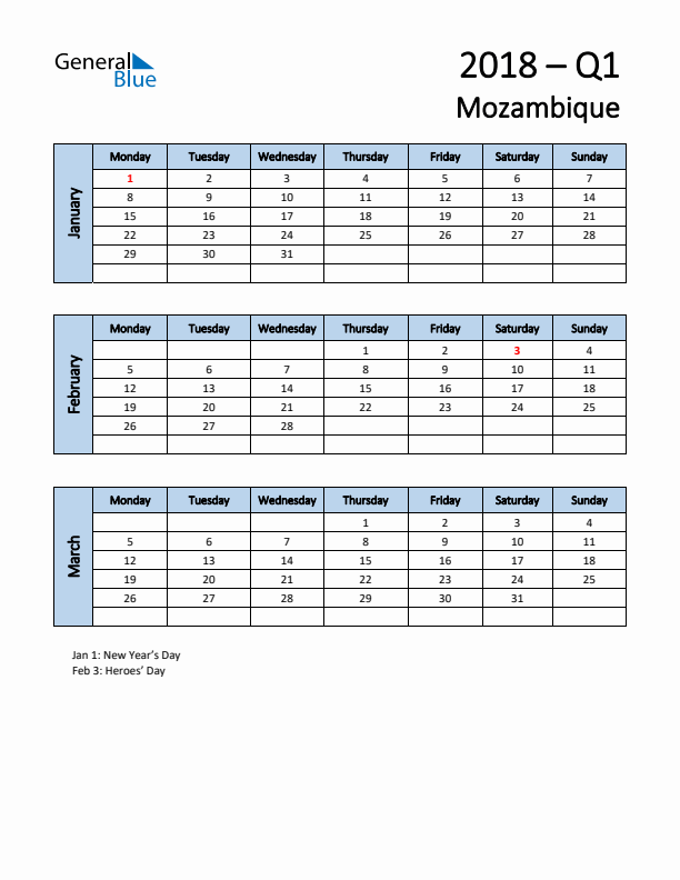 Free Q1 2018 Calendar for Mozambique - Monday Start