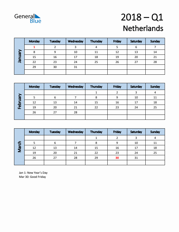 Free Q1 2018 Calendar for The Netherlands - Monday Start