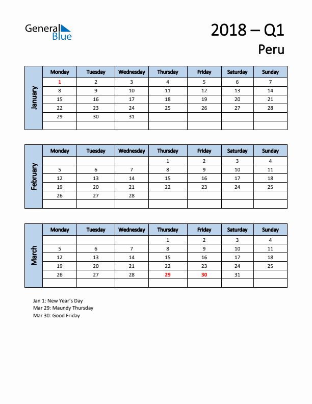 Free Q1 2018 Calendar for Peru - Monday Start
