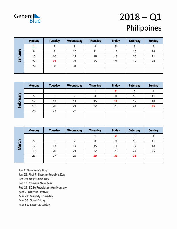 Free Q1 2018 Calendar for Philippines - Monday Start