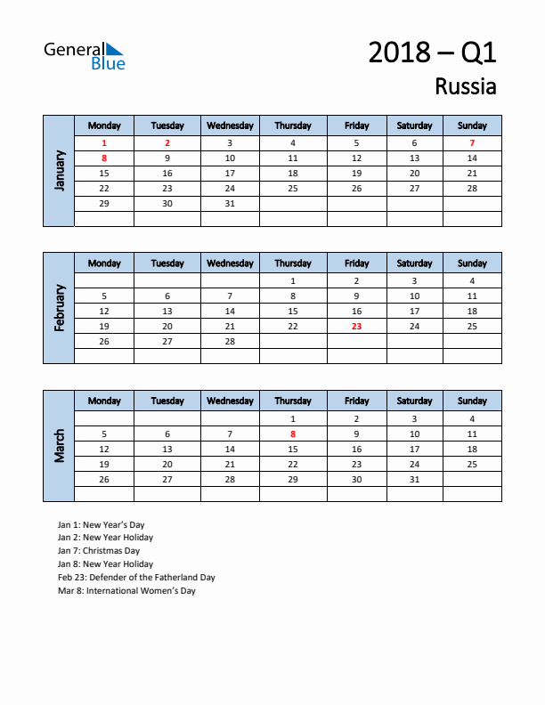 Free Q1 2018 Calendar for Russia - Monday Start