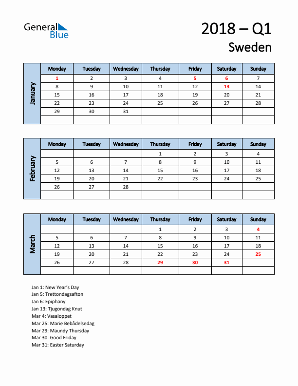 Free Q1 2018 Calendar for Sweden - Monday Start