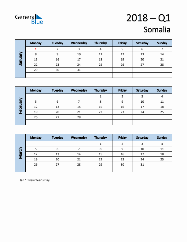 Free Q1 2018 Calendar for Somalia - Monday Start