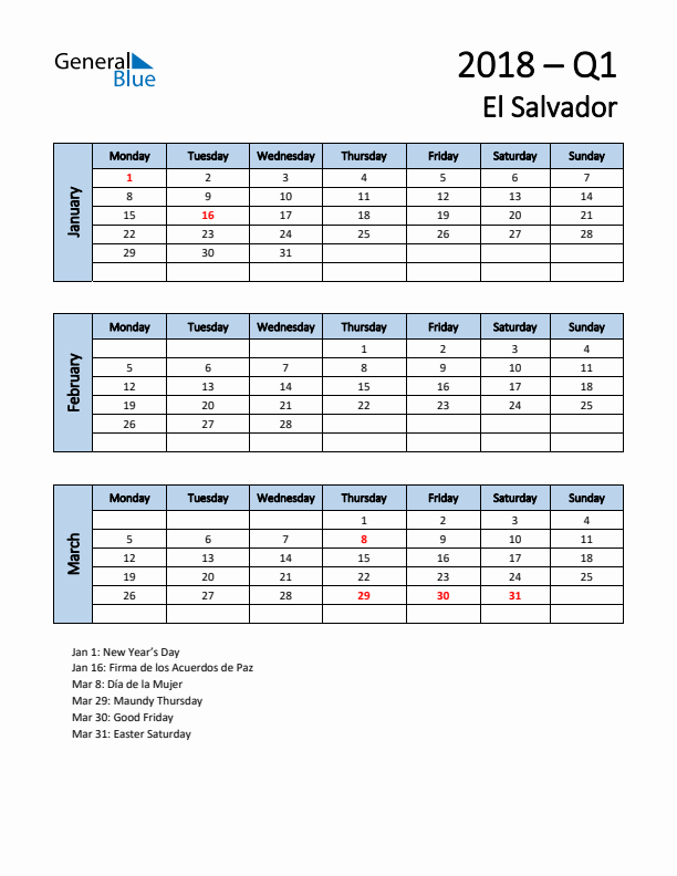 Free Q1 2018 Calendar for El Salvador - Monday Start