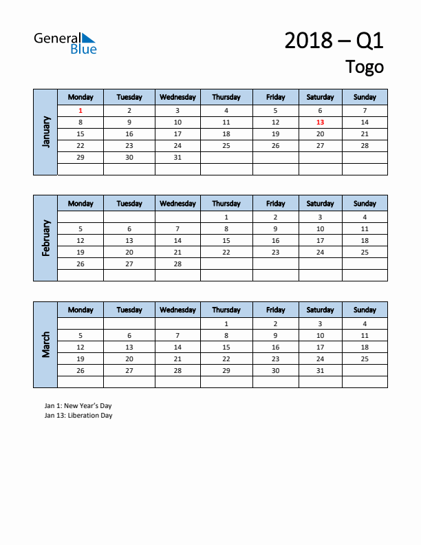 Free Q1 2018 Calendar for Togo - Monday Start