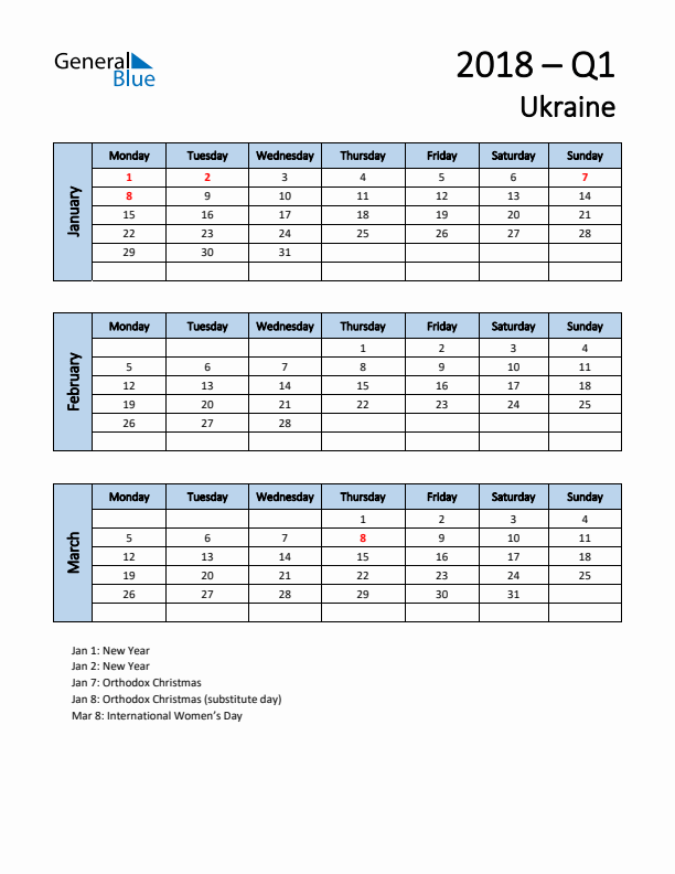 Free Q1 2018 Calendar for Ukraine - Monday Start