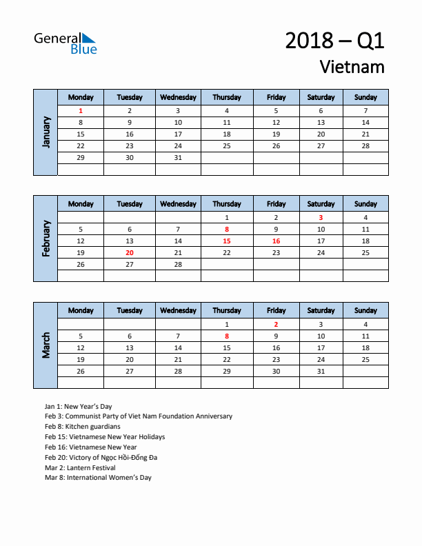 Free Q1 2018 Calendar for Vietnam - Monday Start