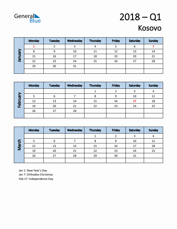 Free Q1 2018 Calendar for Kosovo - Monday Start