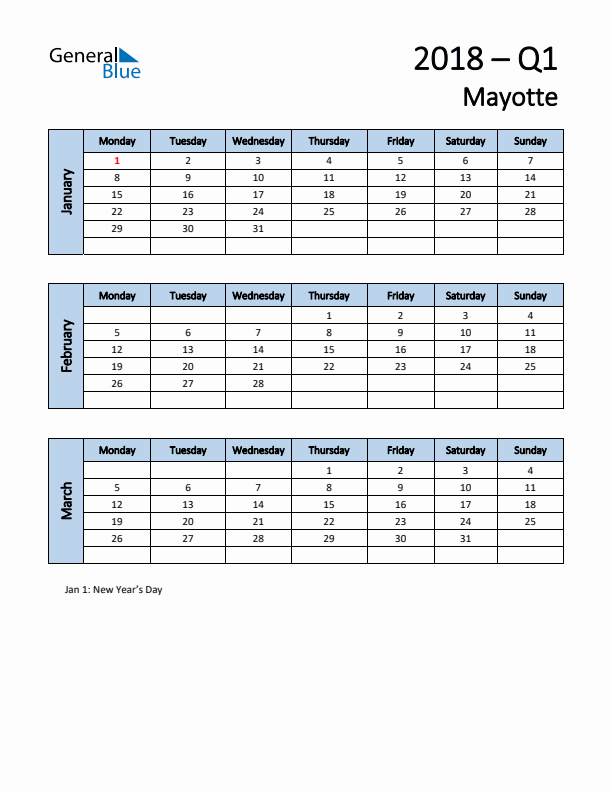 Free Q1 2018 Calendar for Mayotte - Monday Start